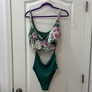 Green Floral Cutout One-Piece Swimsuit sz 14